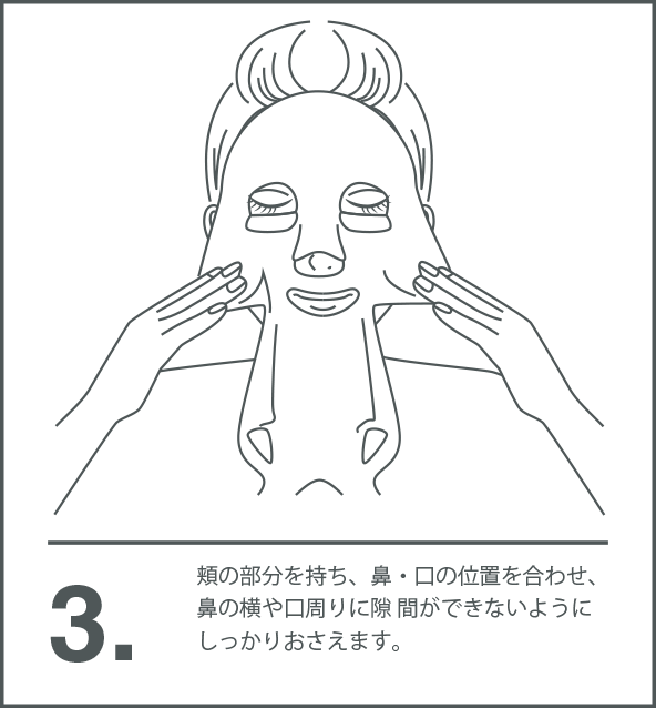 3. 頬の部分を持ち、鼻・口の位置を合わせ、鼻の横や口周りに隙間ができないようにしっかりおさえます。