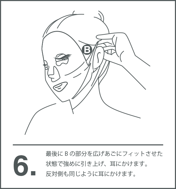 6. 最後にBの部分を広げあごにフィットさせた状態で強めに引き上げ、耳にかけます。反対側も同じように耳にかけます。